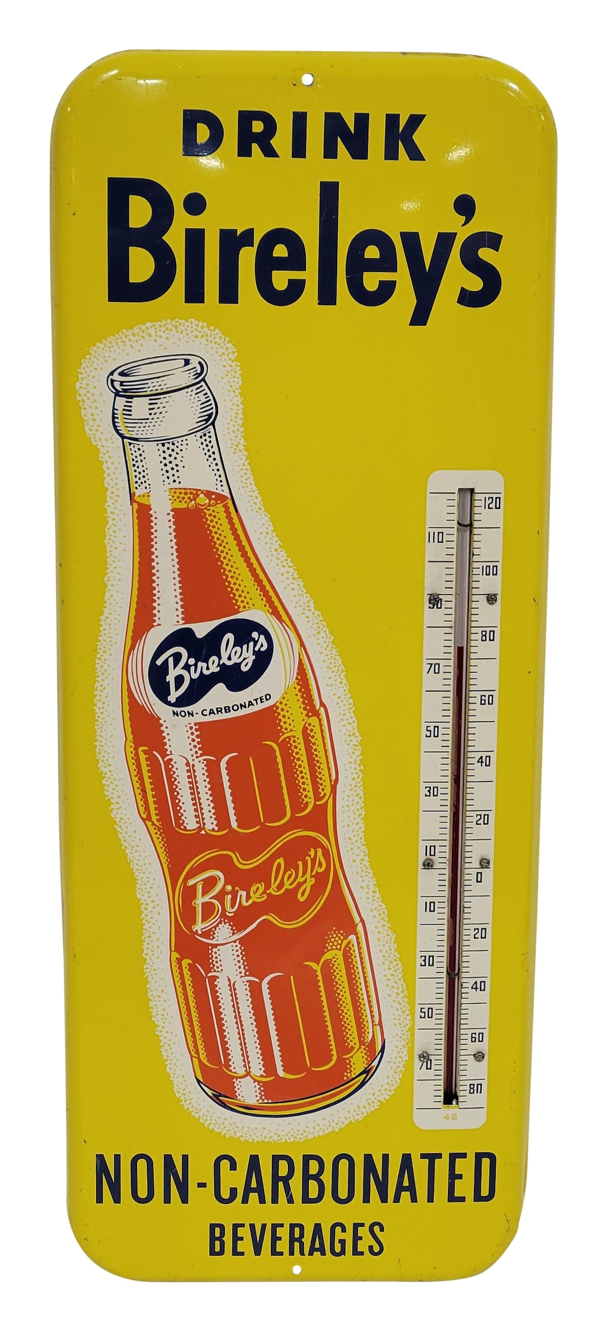 Drink Bireley's Tin Thermometer With Bottle: 9.75" x 25.5" working tin thermometer displays well with bright colors, high shine, and fine scratches in the field. The perimeter has light wear.