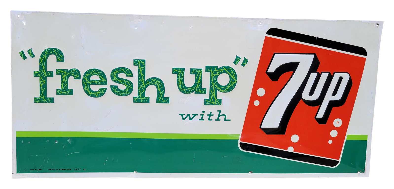Fresh Up With 7Up Embossed SST Sign: 33" x 15" embossed single sided tin sign has good color and shine with multiple touch ups and fine scratches throughout. There are several more prominent scratches on the left lower field. Several of 