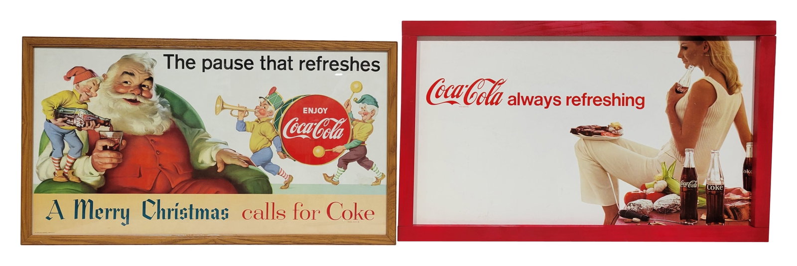 A Merry Christmas Calls For Coke and Coca Cola Always Refreshing Framed Signs: Lot includes a 36" x 20" paper Coca Cola Christmas ad displayed beneath glass within a wood frame. The ad exhibits bright colors and appears to be in excellent condition with only a few minor scuffs. 