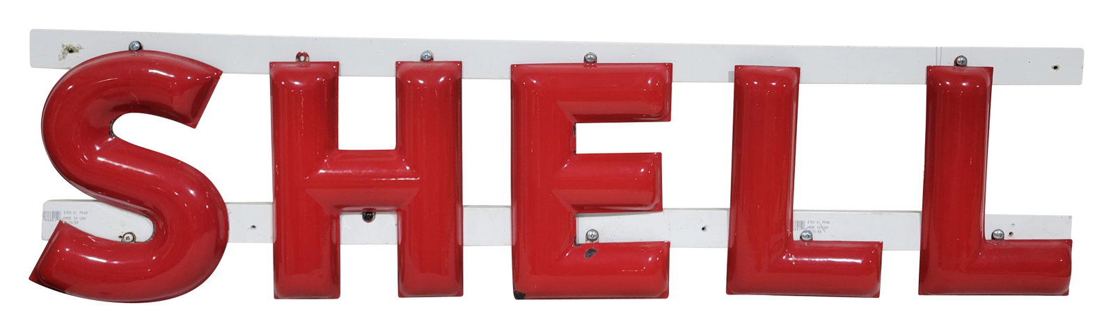 Shell Porcelain Service Station Letters: 40" x 10" set of SSP Shell letters display excellent color and gloss. The letters "S" and "E" have several small chips around the edges. They are mounted to two pieces of painted wood for display. Eac