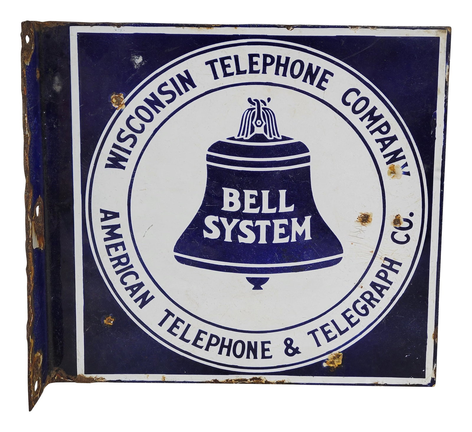 Bell System Wisconsin Telephone Company DSP Flange Sign: 12" x 11" double sided porcelain flange sign exhibits general wear throughout each side with scratches and small chips. The flange section displays porcelain loss and rust.