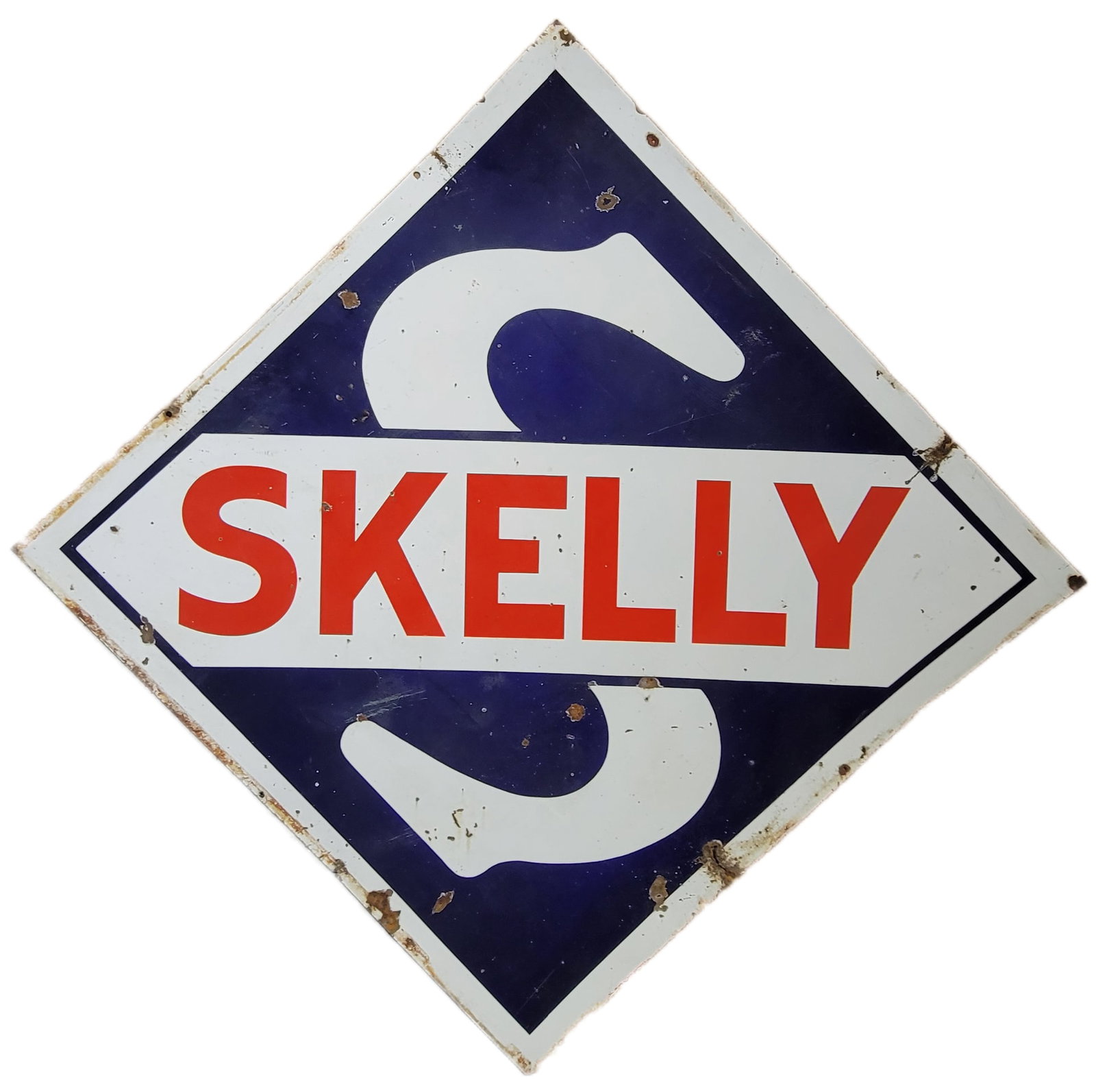 Skelly Gasoline Double Sided Porcelain Dealer Sign: 84" x 84" DSP dealer sign exhibits general wear throughout with minor fading, bullet dings, and chips in the field on each side. The perimeter displays wear with chips, rust, and metal loss in areas.�