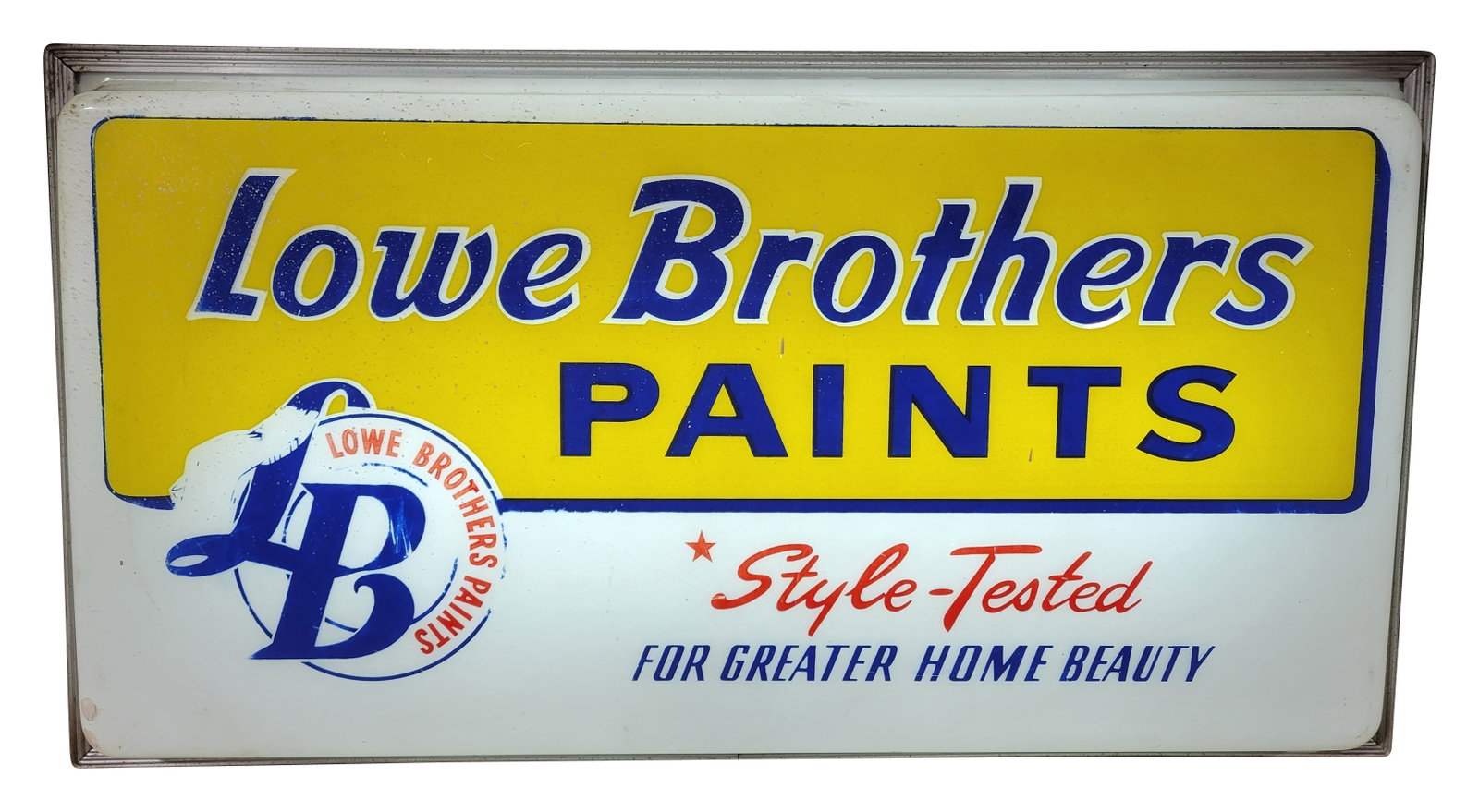 Lowe Brothers Paints Plastic Light Up Sign: 25.5" x 13.5" x 5.5" working illuminated sign features a plastic advertising face and aluminum housing. The sign face displays wear with scratches, dirt, and paint spatter. The aluminum housing and ca