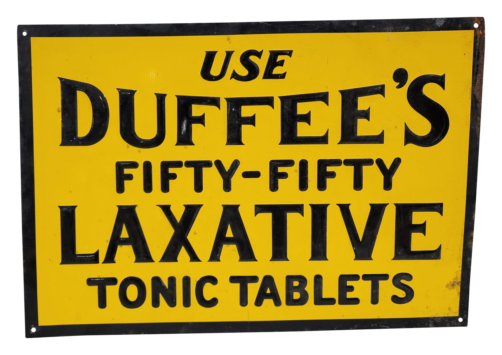 Use Duffee's Fifty Fifty Laxative Tonic Tablets Embossed SST Sign: 13.75" x 9.5" embossed single sided tin sign has light wear throughout with fine scratches. The perimeter has visible wear along the right edge with rust.