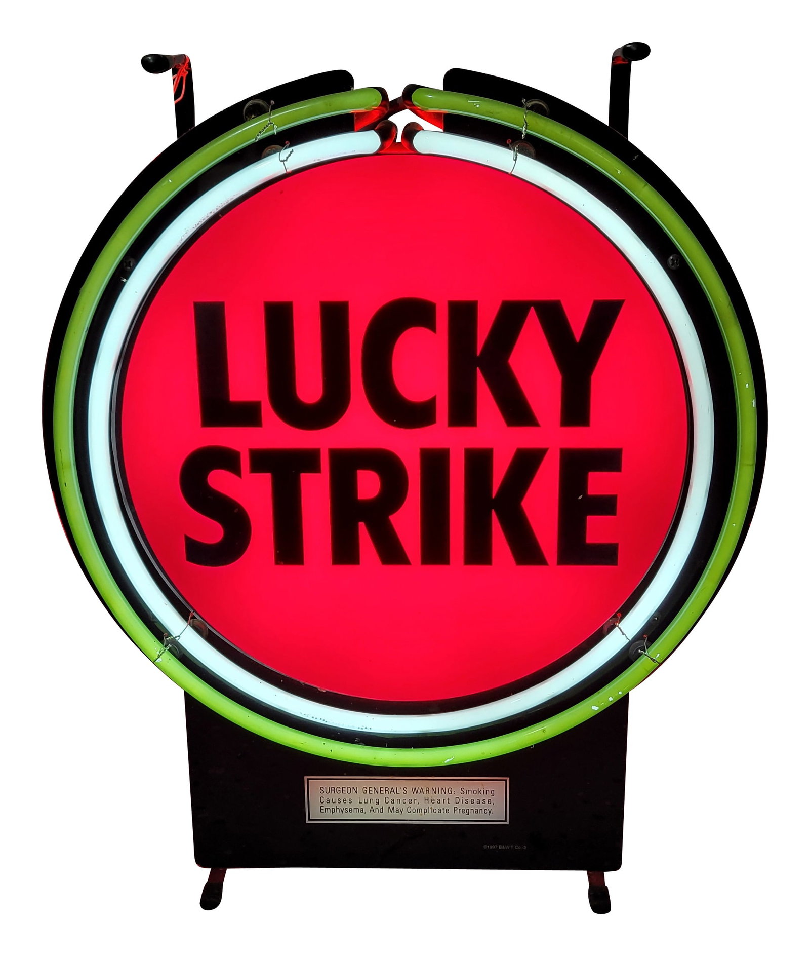 1997 Lucky Strike Neon Countertop Sign: 13.5" x 16.5" working neon light up sign features a plastic illuminated center face with surrounding green and white neon. The center displays bright color and the green and white neon come on when tu