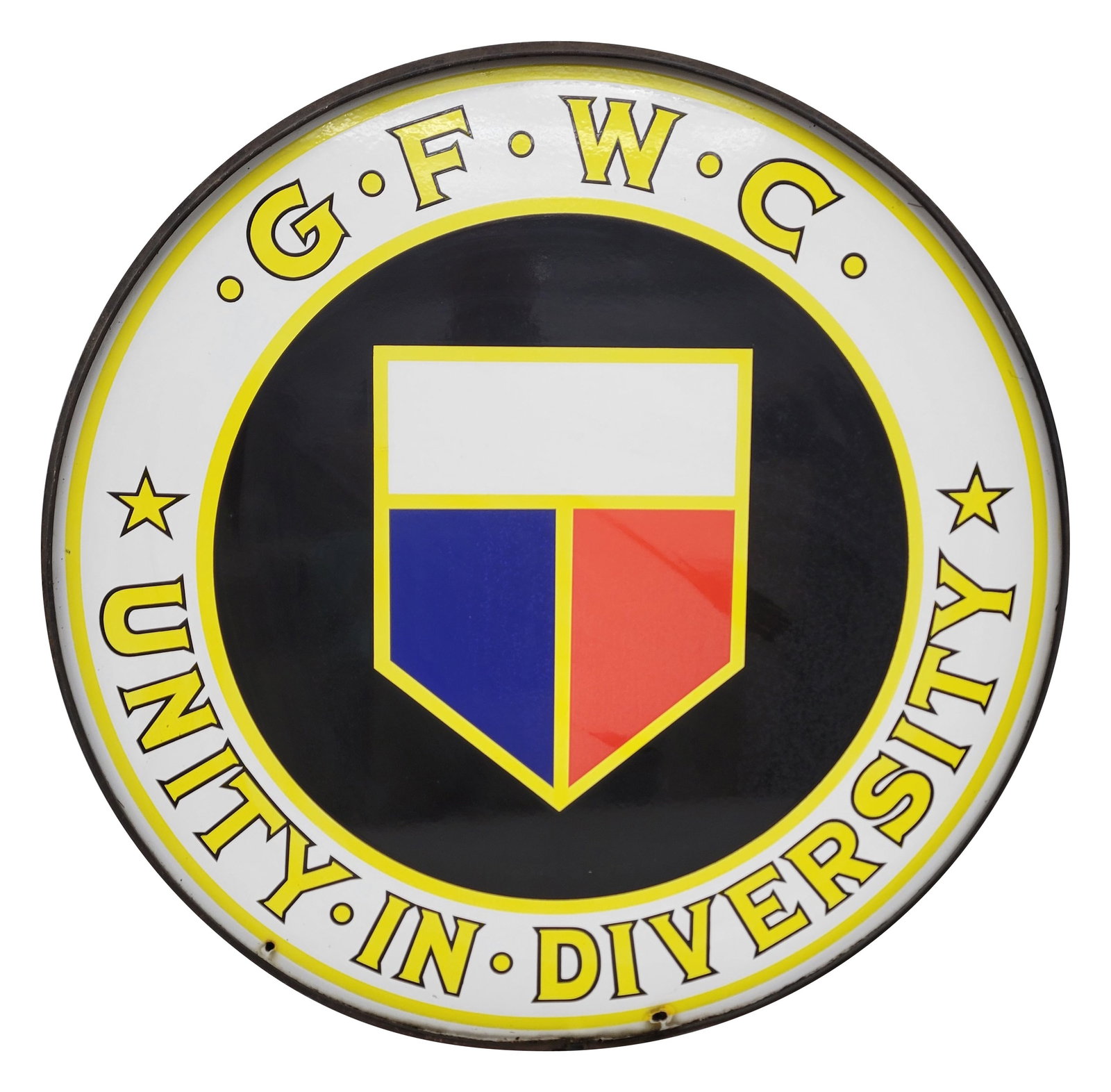 General Federation Of Women's Clubs SSP Sign With Ring: 30" SSP sign displays excellent color and gloss with very minor oxidation on the red and blue logo colors. There are 2 mount holes at the bottom edge with light wear and minor rust. The metal ring exh