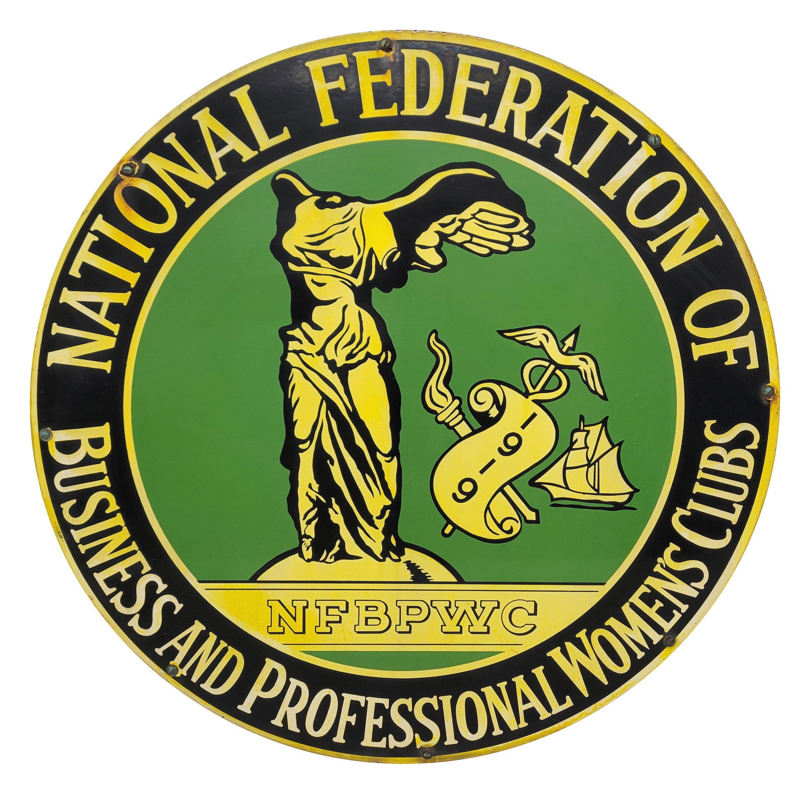 National Federation Of Business And Professional Women's Clubs SSP Sign: 30" SSP sign showcases the NFBPWC crest. The sign exhibits moderate gloss with fading along the perimeter and on the center graphics. The field and perimeter are free of chips with the exception of a 