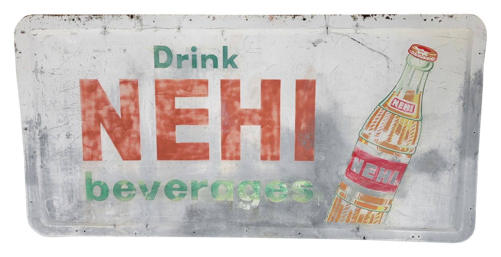 Drink Nehi Beverages SST Sign: 96" x 48" single sided tin sign features a dome design. The sign displays age and wear throughout with faded paint, scratches, and edge wear.