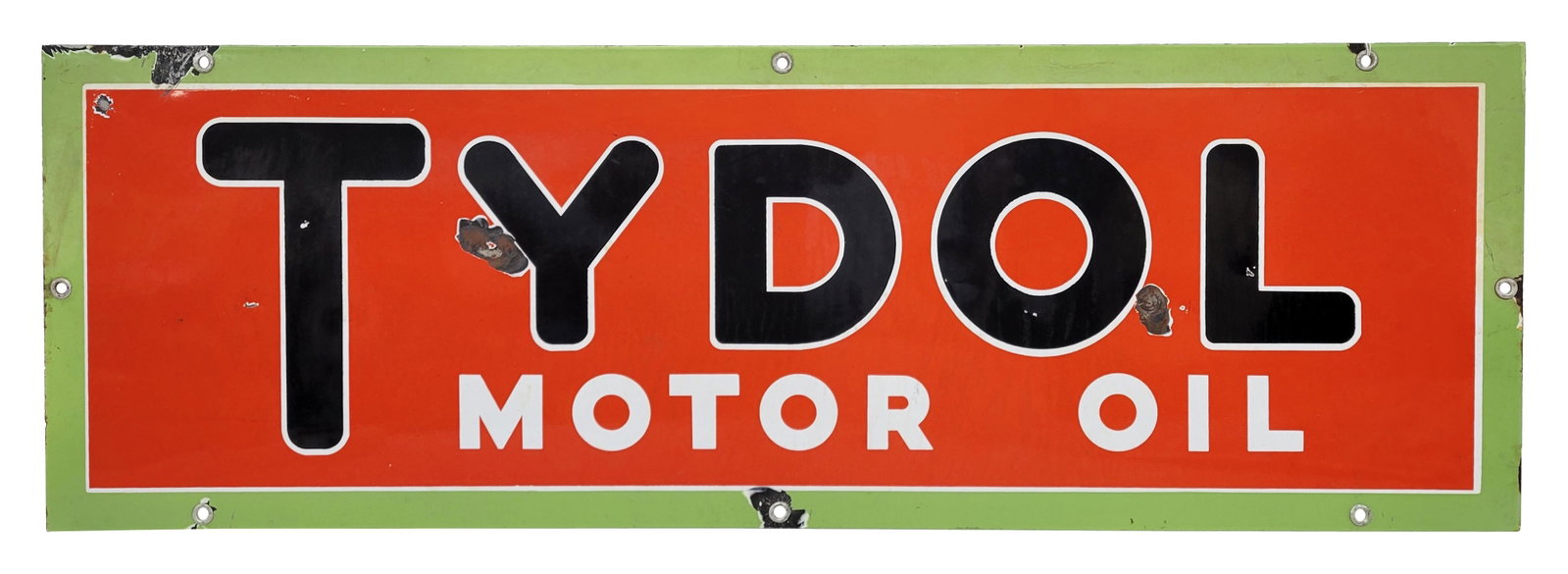 Tydol Motor Oil Single Sided Porcelain Sign: 42" x 14" SSP sign displays bright color and high gloss. There are several dings in the field with porcelain chips. The perimeter has wear with chips at the mounting holes.