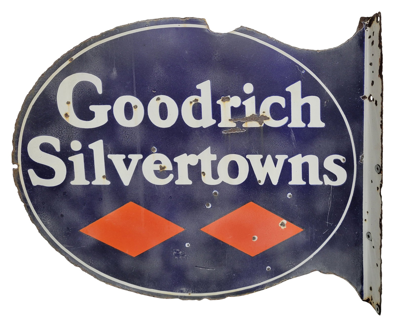 Goodrich Silvertowns Porcelain Flange Sign: 23" x 19" DSP flange sign exhibits wear with fading and small chips in the field on each side. There is heavy edge wear with a 2" missing section along the top edge. The flange section has small chips