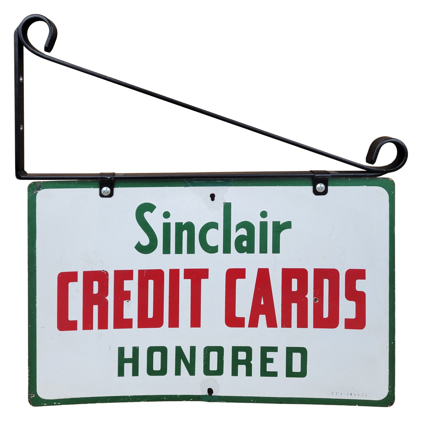 Sinclair Credit Cards Honored Double Sided Porcelain Sign With Bracket: 24" x 25" (includes bracket) DSP sign exhibits good color on each side with small scratches and marks in the field. There are several small shallow bullet dings with small chips in the red lettering. 