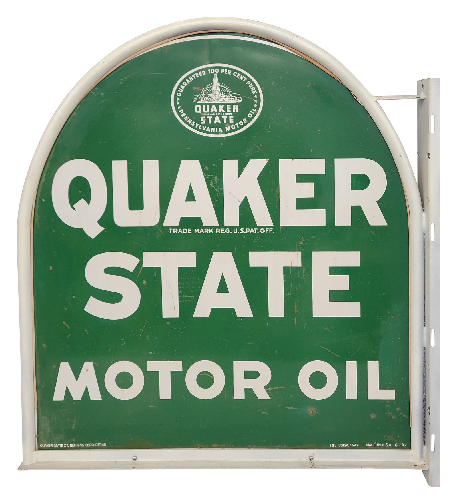 Quaker State Motor Oil Tombstone Sign With Bracket (1 of 2)