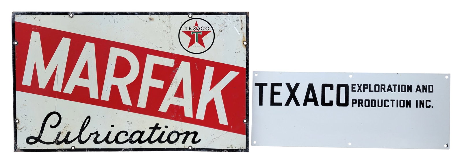 Texaco Marfak Lubrication and Texaco Lease Marker Sign: Lot of 2 includes a 30" x 18" SST Marfak Lubrication sign with wear throughout including small dings, scratches, flaked paint, and bends. The second sign is a SSP unused lease sign in excellent condit