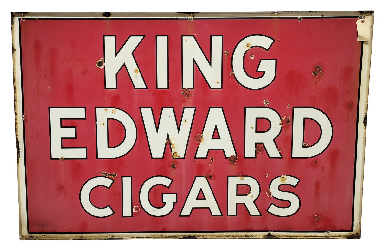 King Edward Cigars DSP Sign: 70" x 46" double sided porcelain sign displays age and wear throughout each side with fading, stains, bullet dings, porcelain chips, and rust. The sign features a rolled edge that exhibits several sha