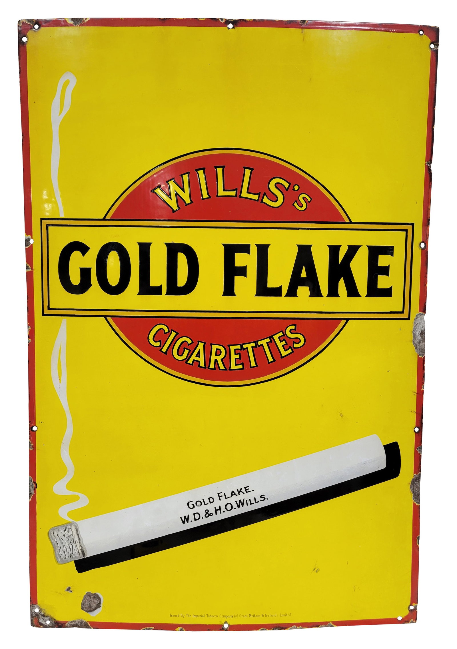 Will's Gold Flake Cigarettes SSP Sign: 24" x 36" single sided porcelain sign exhibits bright colors and good gloss throughout. There are a few faint stains in the yellow porcelain and several very small nicks with crackling in the field. T
