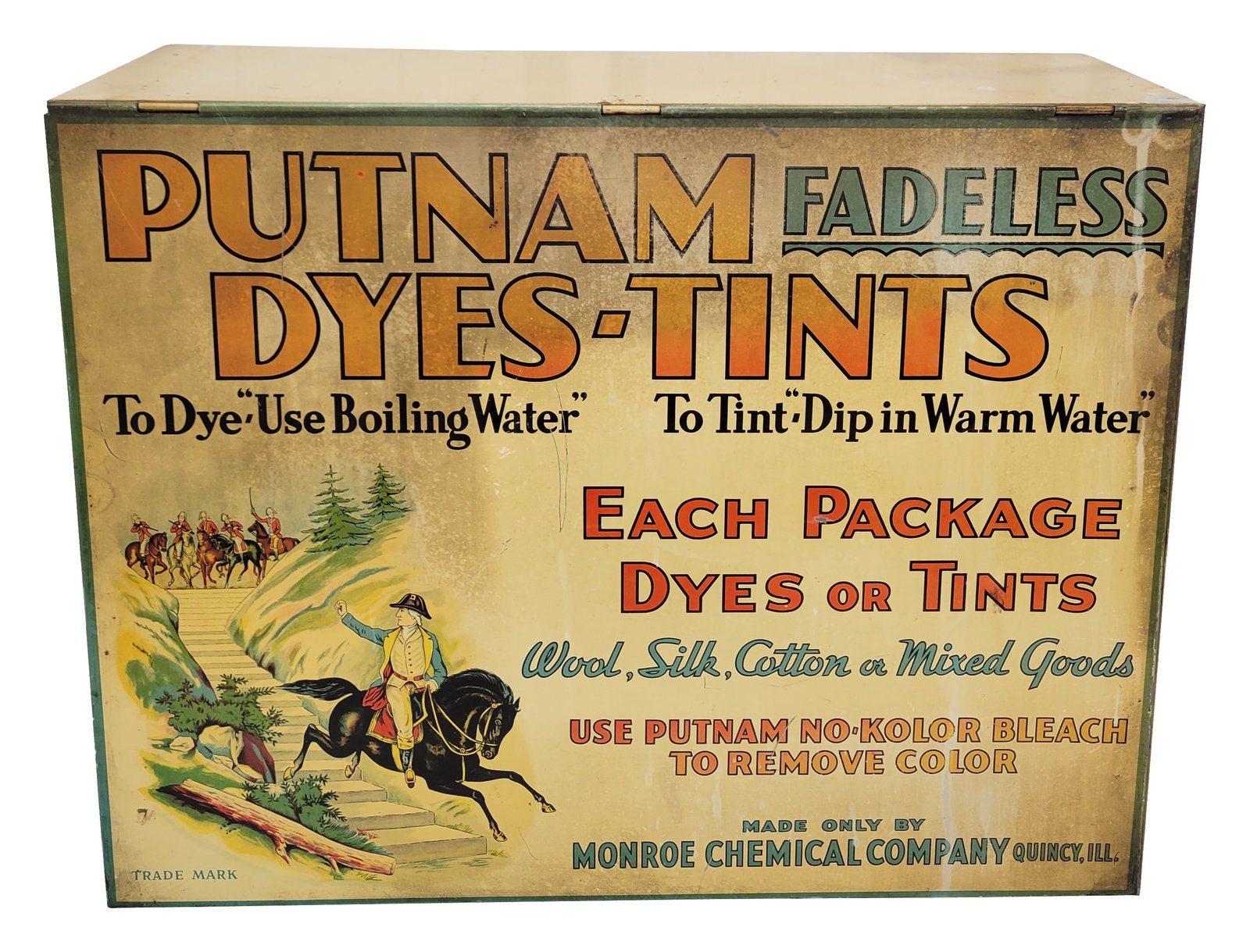 Putnam Fadeless Dyes Tints Metal Display Cabinet: 18.75" x 15" x 7.75" metal cabinet displays detailed graphics and lettering on all sides. The metal exhibits light wear on the surface and maintains good shine with small scratches, stains, and areas 