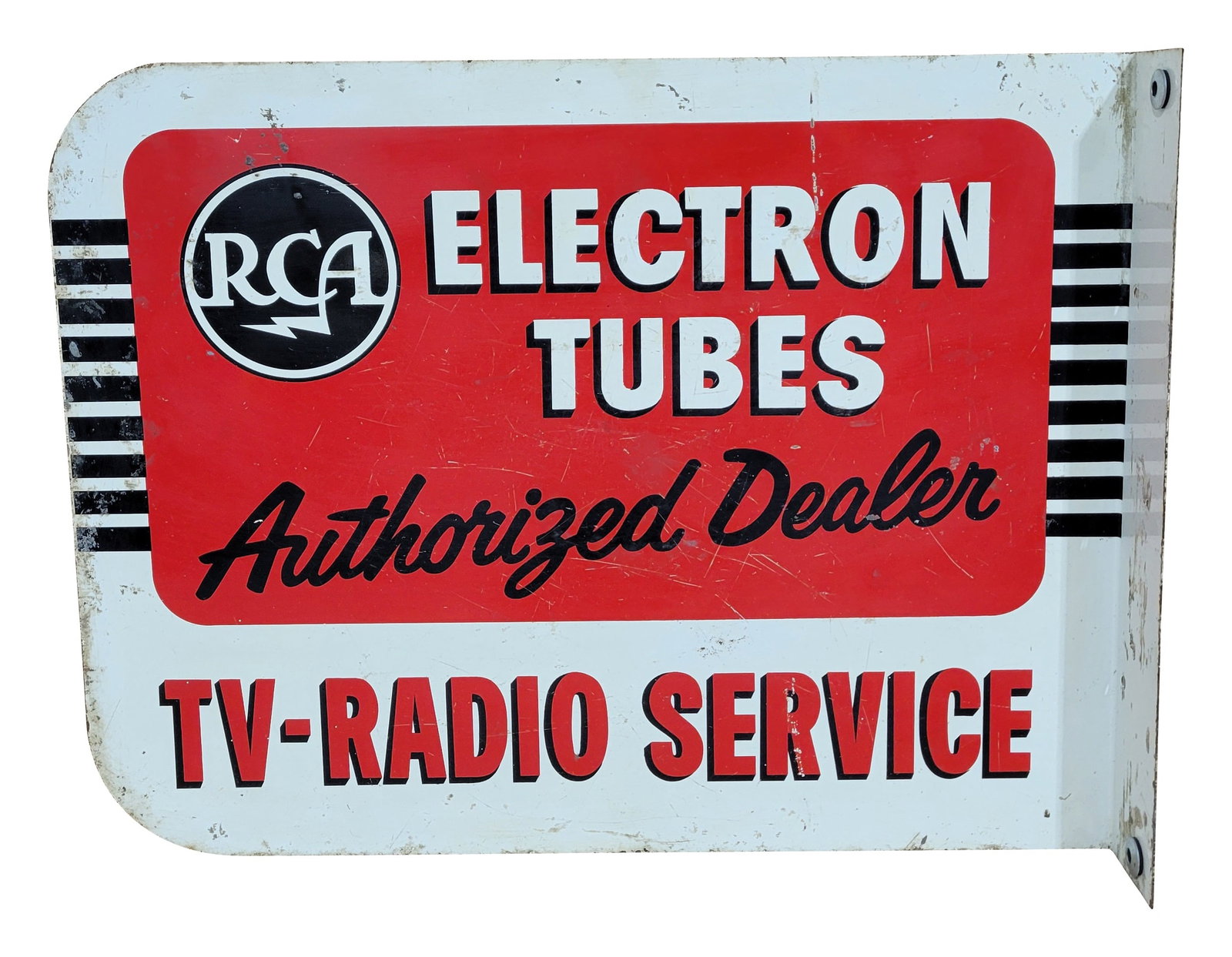 RCA Electron Tubes Authorized Dealer Flange Sign: 18" x 14" DST flange sign displays good colors, although it shows signs of wear on each side, including scratches, flaked paint, and slight surface rust. The flange area is in similar condition.