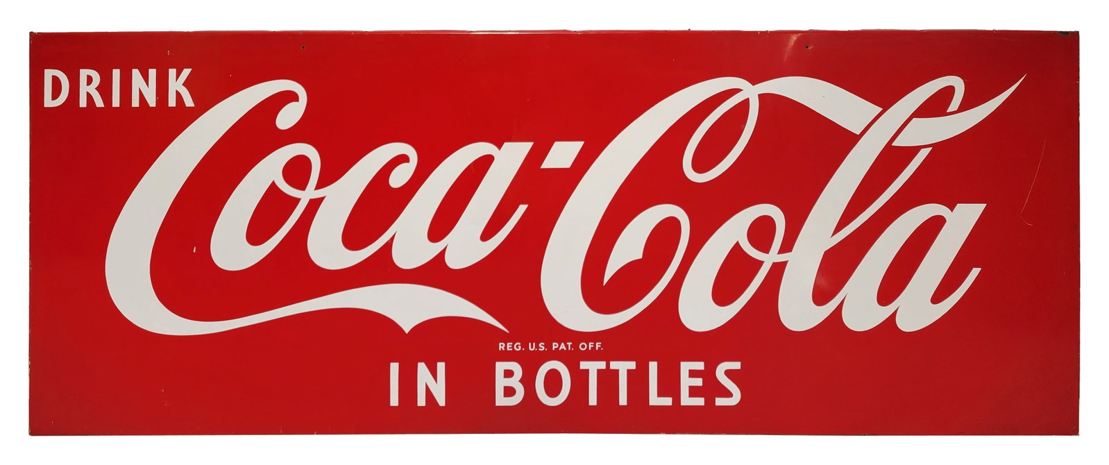 Large Drink Coca Cola In Bottles Single Sided Sign: 103" x 40" SST sign is mounted onto a wood frame and displays well with bright color and good shine. There is light wear in the field with scuffs, small scratches, and a few minor dings. The rolled ed