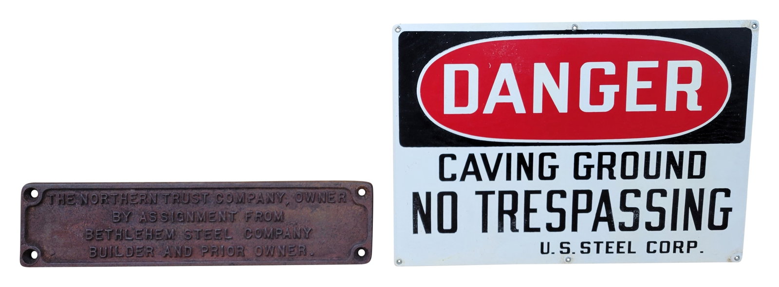 Danger Caving Ground No Trespassing Sign and Northern Trust Company Iron Sign (1 of 3)