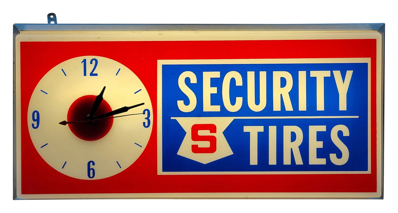 Security Tires Light Up Advertising Clock Sign: 15.25" x 12" x 4.5" working illuminated clock sign features a plastic face with an aluminum can. The sign displays very well with bright colors and working clock. The aluminum can has minimal wear. Th