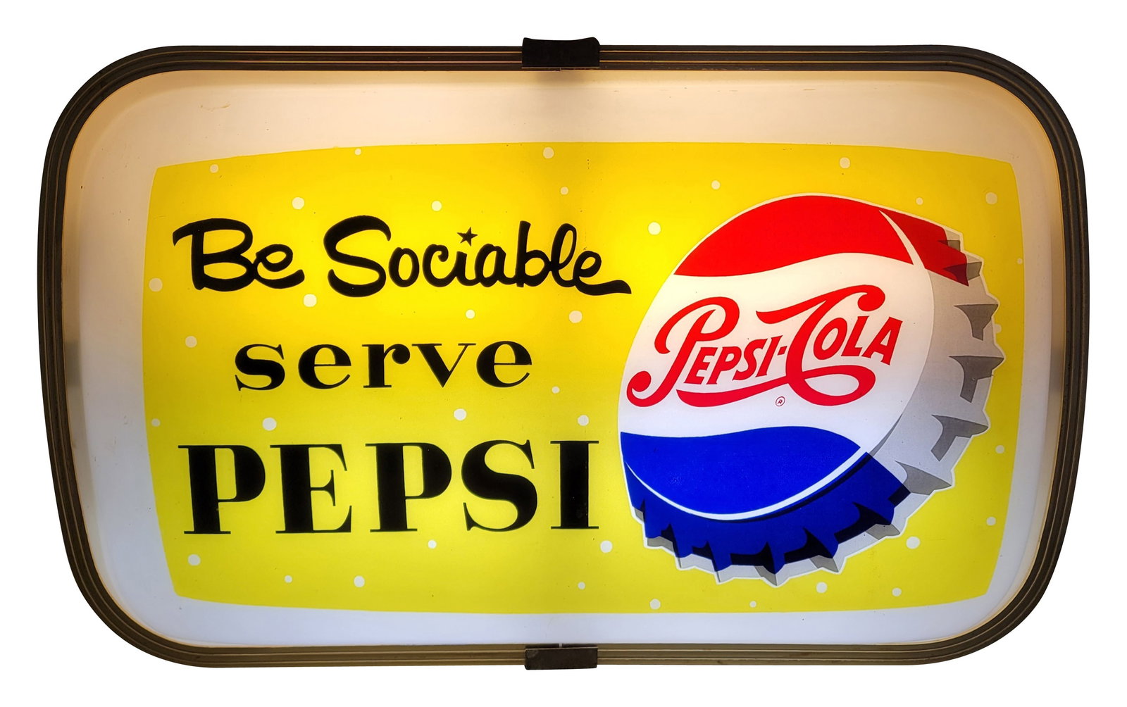Be Sociable Serve Pepsi Light Up Advertising Sign: 21" x 13.5" light up advertising sign features a plastic face on each side with the Pepsi Cola bottle cap logo. Each side displays very well with bright colors and minor scuffs. The gold toned frame i