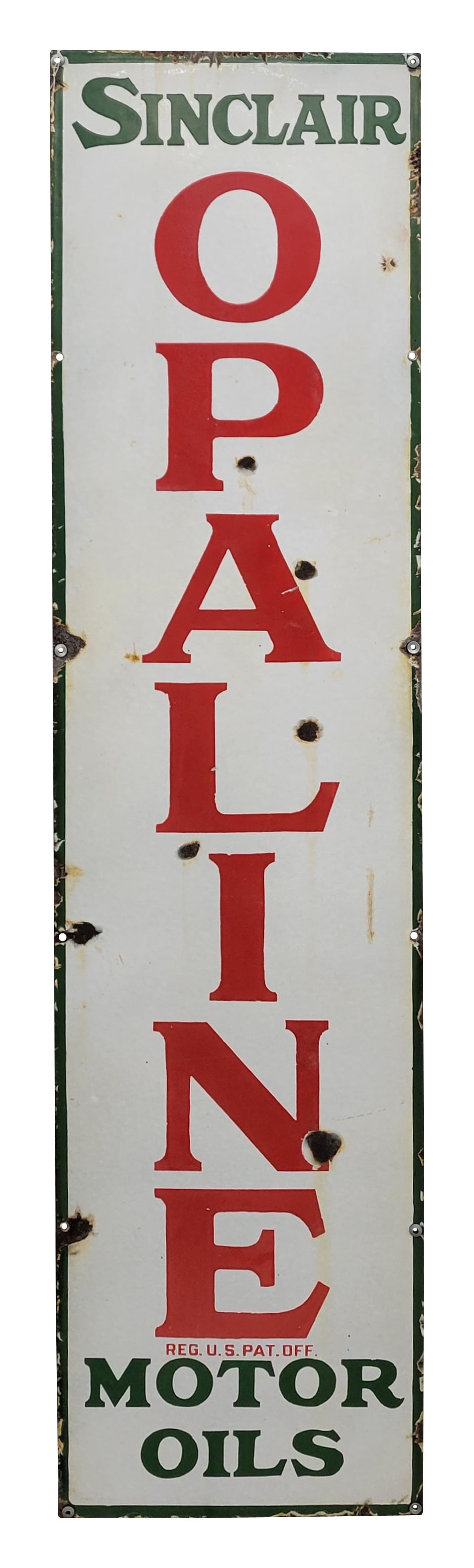 Sinclair Opaline Motor Oils Single Sided Porcelain Sign: 15" x 60" vertical SSP sign has general wear throughout the field with chips, crackled porcelain, and stains. The perimeter and mount holes have porcelain chips.