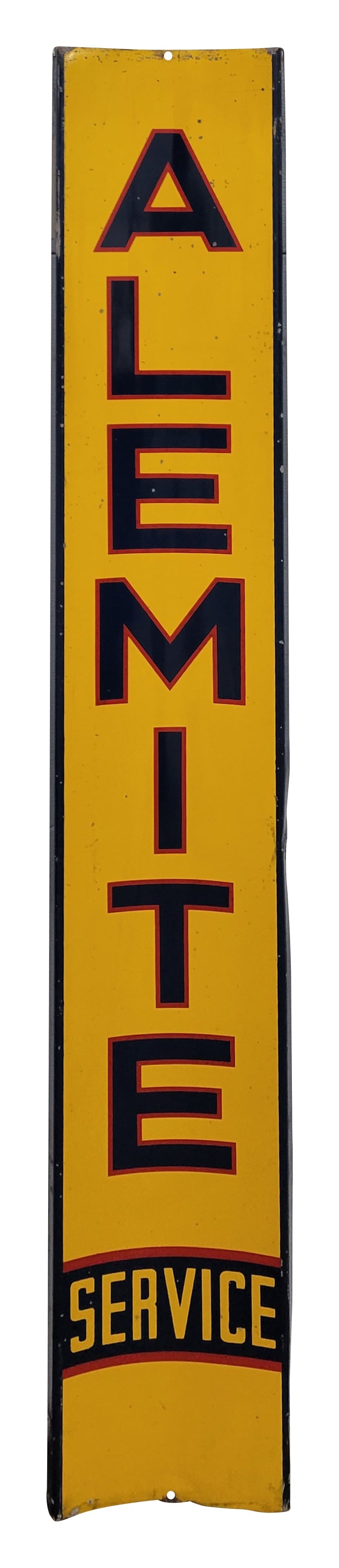 Alemite Curved Single Sided Tin Sign: 9.5" x 57" curved vertical SST sign displays good color and shine with light wear throughout including scratches, chipped paint, and light edge wear.