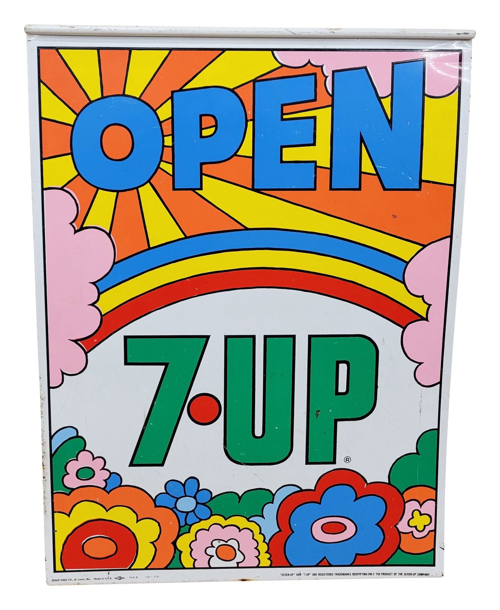 7Up Open DST Peter Maxx Style Sign: 19.75" x 27" double sided tin sign features a rolled top and bottom edge with Peter Maxx style graphics. It exhibits excellent color and good shine throughout each side with light wear including scrat