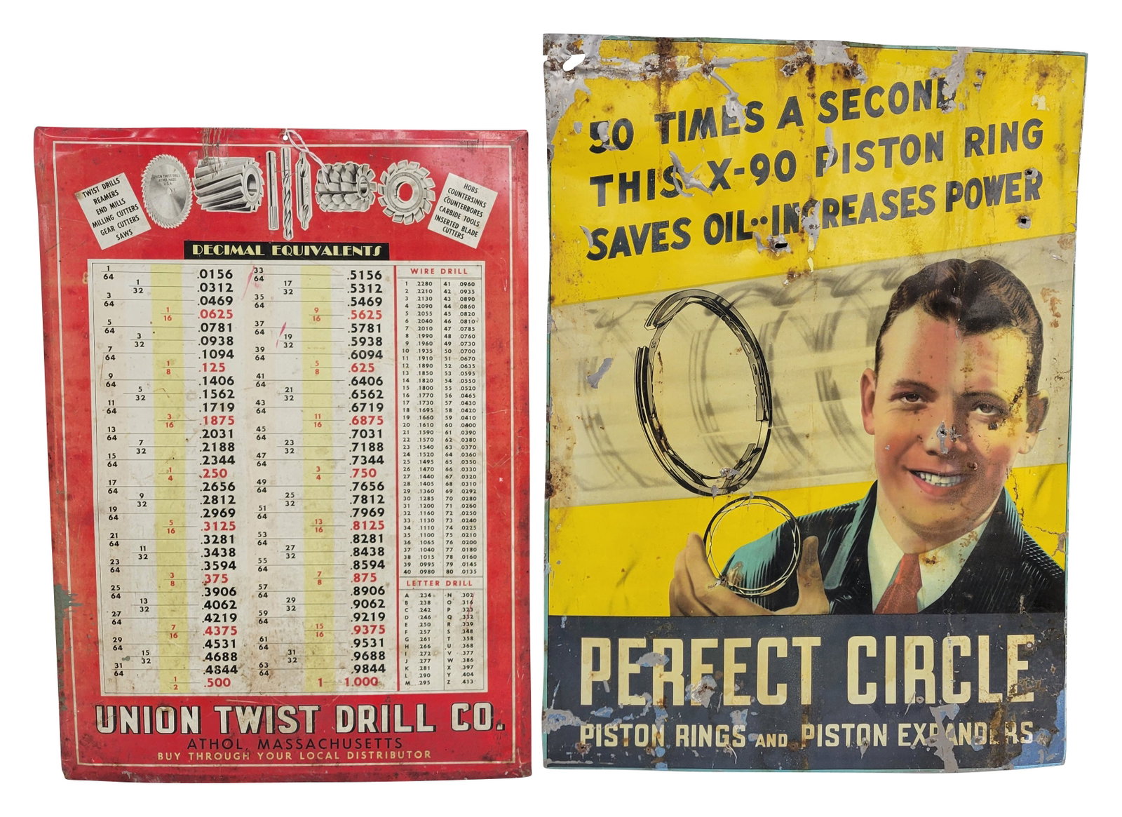Union Twist Drill Co. Decimal Chart and Perfect Circle Piston Rings SST Sign (1 of 2)