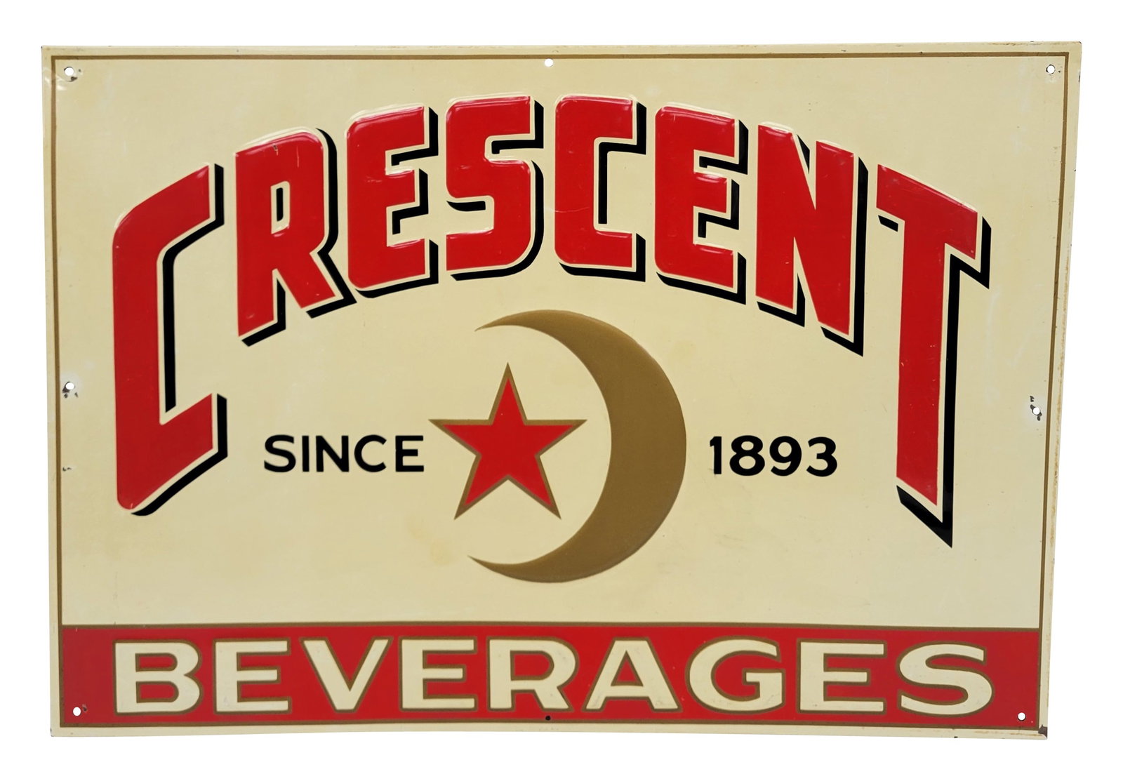 Crescent Beverages Since 1893 Embossed SST Sign: 19.5" x 13.5" single sided tin sign features embossed letters and logo. There is light wear visible in the field with a few light scratches. The perimeter has minor wear with chipped paint at several 
