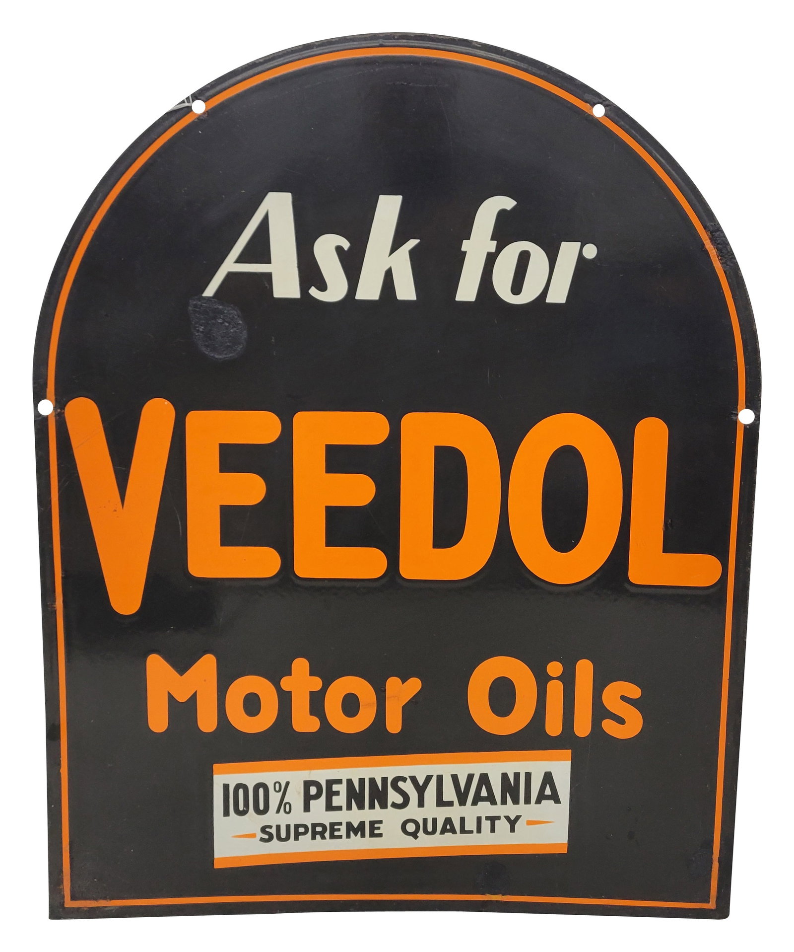 Ask For Veedol Motor Oils Double Sided Porcelain Tombstone Sign: 22" x 28" DSP sign exhibits chips in the field and around the mounting holes, with rust present on side 1. The reverse side features multiple large chips in the field that have been touched up. The pe