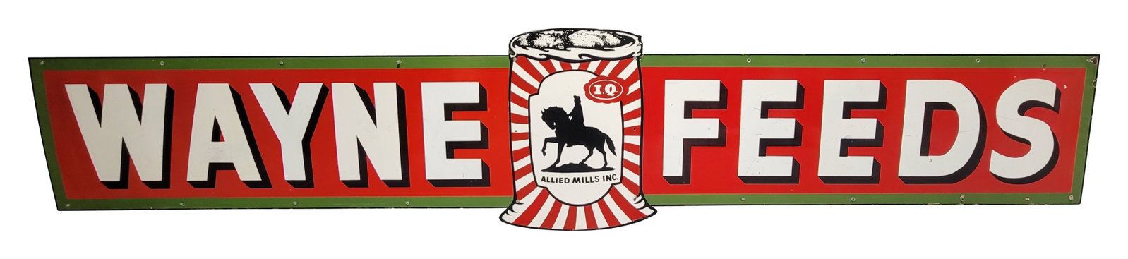 Wayne Feeds 13' SSP Three-Piece Sign w/ Allied Mills Inc Horse & Rider Feed Bag: 32" x 162", SSP three-piece sign has very good color and gloss. The bag is a modern replacement. The left "Wayne" sign has very good gloss with a complete repaint to the white porcelain enamel. The "F