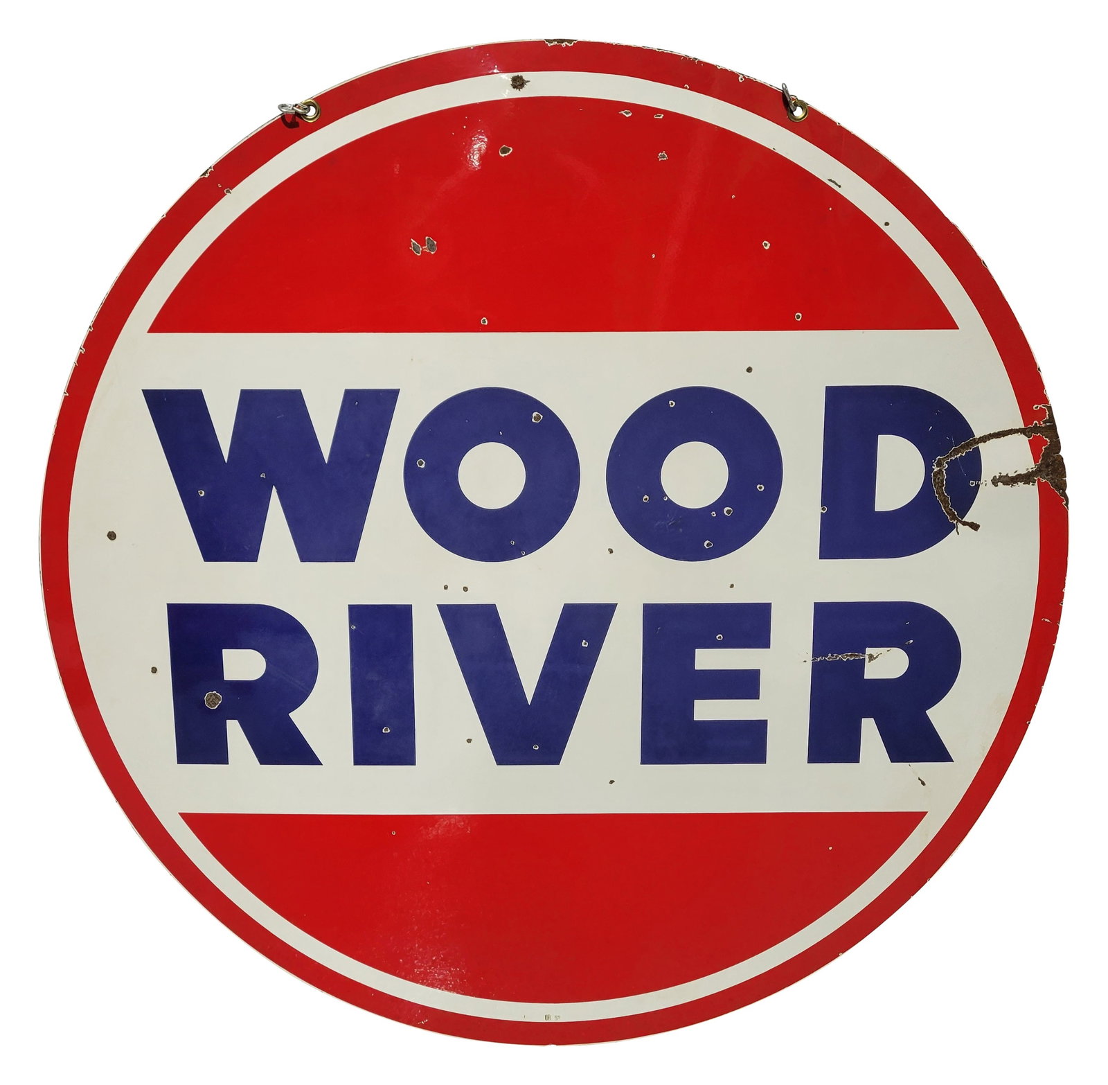 48" Wood River Gasoline DSP Dealer Sign: 48" double sided porcelain sign exhibits very good color and gloss on each side with chips and light scratches in the field and around the perimeter. There is a bend with porcelain loss and rust along