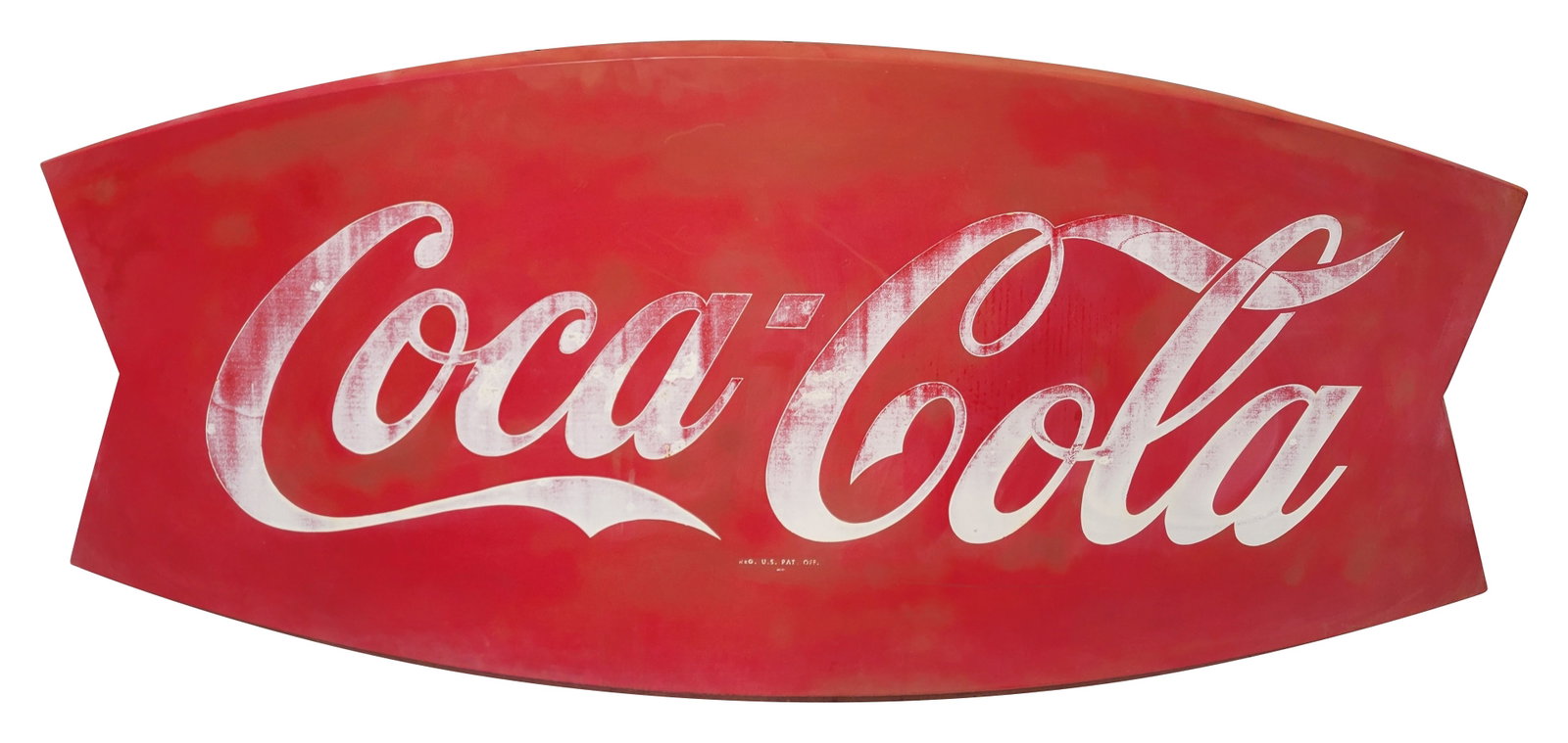 Coca Cola SST Fishtail Sign: 72" x 33.5" single sided sign displays wear with a faded logo. There is a small bend at the upper edge.