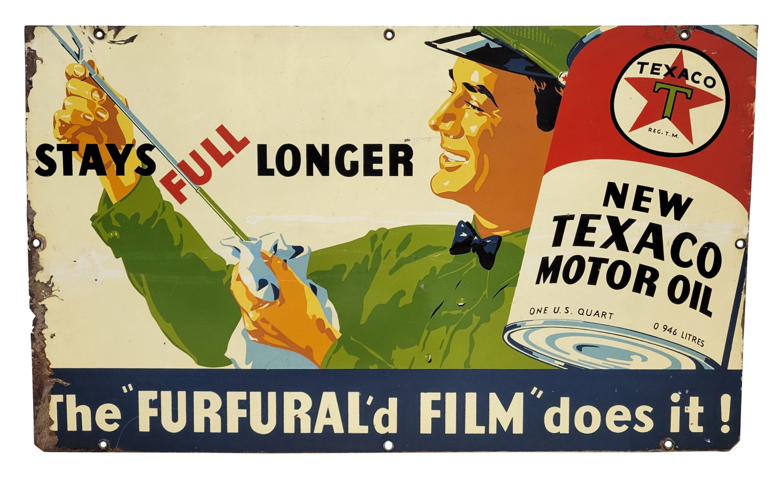 Texaco Furfural'd Film Does It SST Sign: 30" x 18" single sided tin sign displays wear on the surface with scratches, white paint, and dings. The perimeter has flaking paint mostly along the left edge with minor surface rust and there is a s