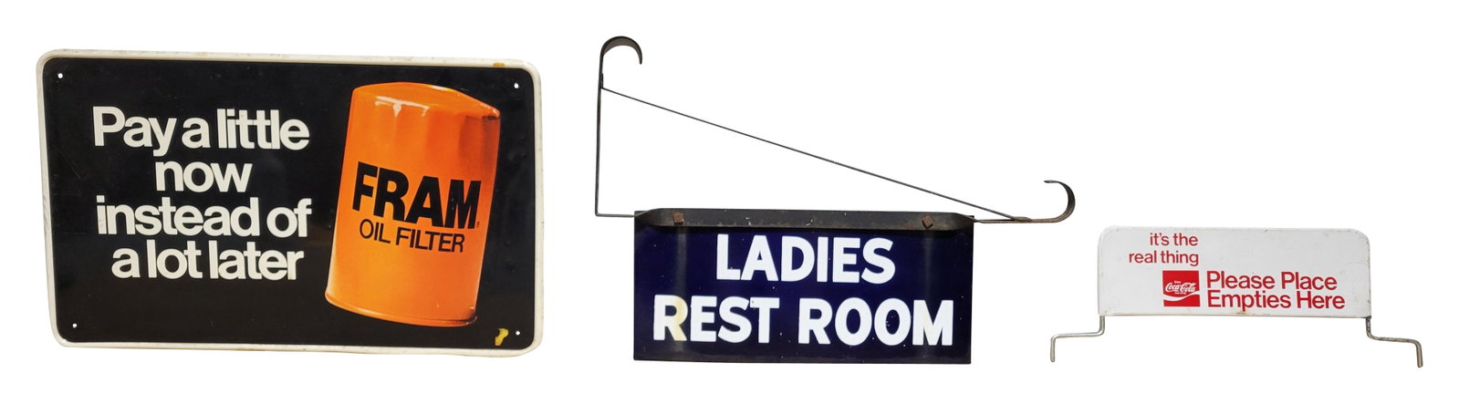 Fram, Coca Cola Rack Sign, and Ladies Rest Room Signs (1 of 2)