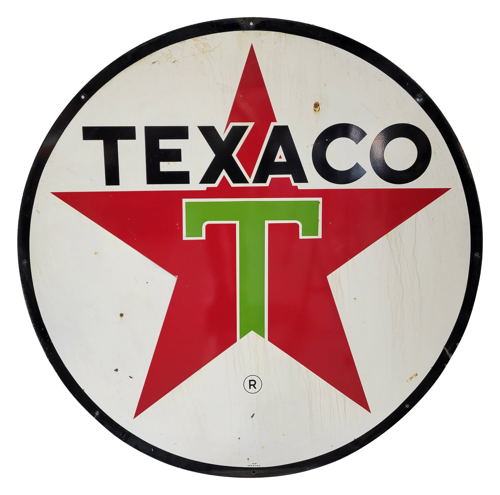 72" Texaco Double Sided Porcelain Dealer Sign: 72" DSP sign exhibits excellent color and gloss on the lettering and logo areas of each side. There are small chips in the field with light stains and moderate oxidation in the white areas of both sid