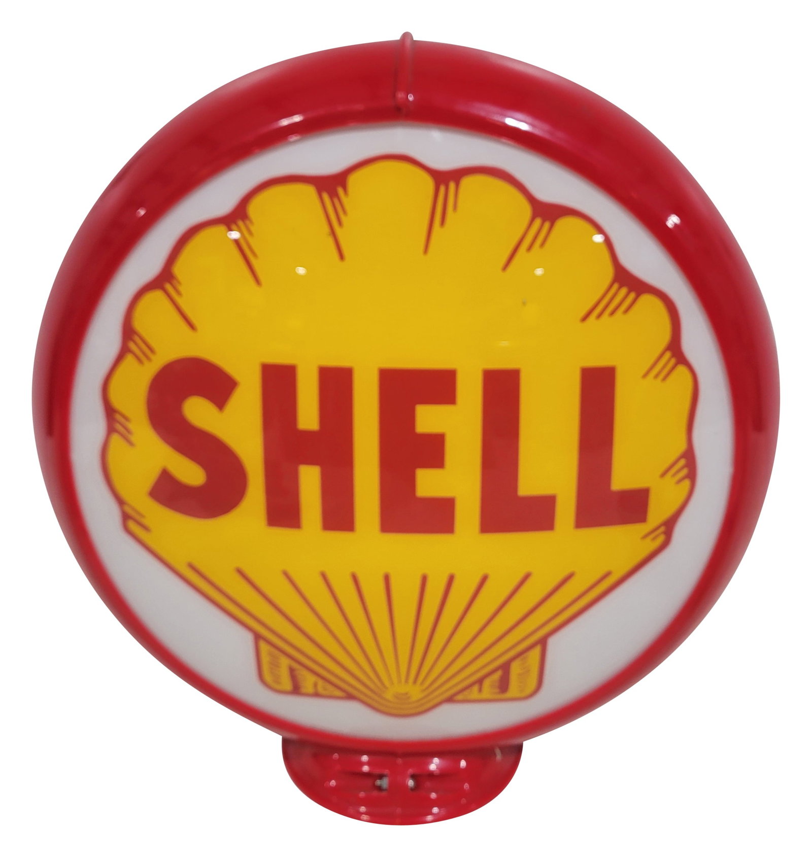 Shell Gasoline 13.5" Complete Capco Gas Pump Globe: 16.5" T., two 13.5" reproduction lenses mounted in a red capco body. Both lenses are in very good condition with one having some surface discoloration in the upper left field. The capco body is in ver