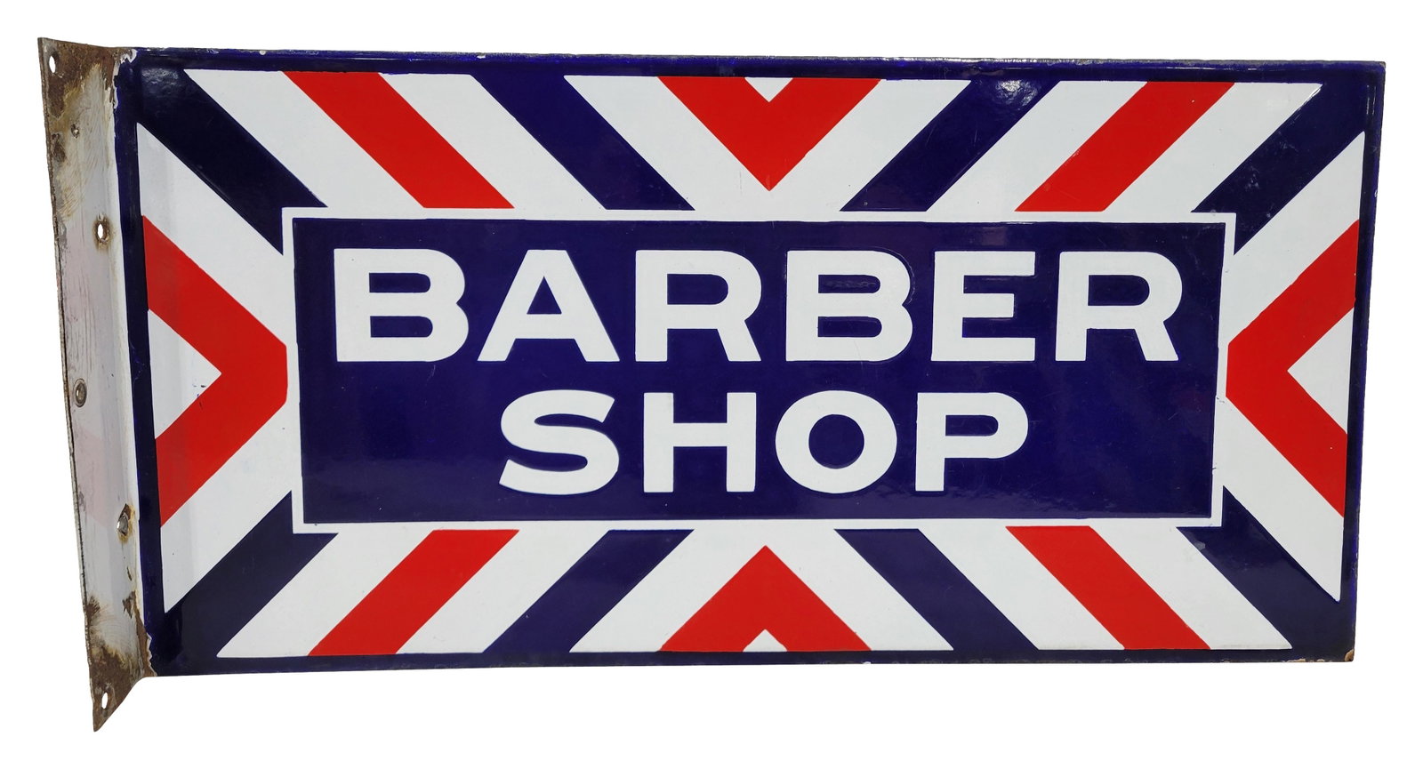 Barber Shop Porcelain Flange Sign: 24" x 12" porcelain flange sign exhibits excellent color and high gloss on each side. One side does have fine scratches in the field with several flea bite sized chips and a small chip at the top edge