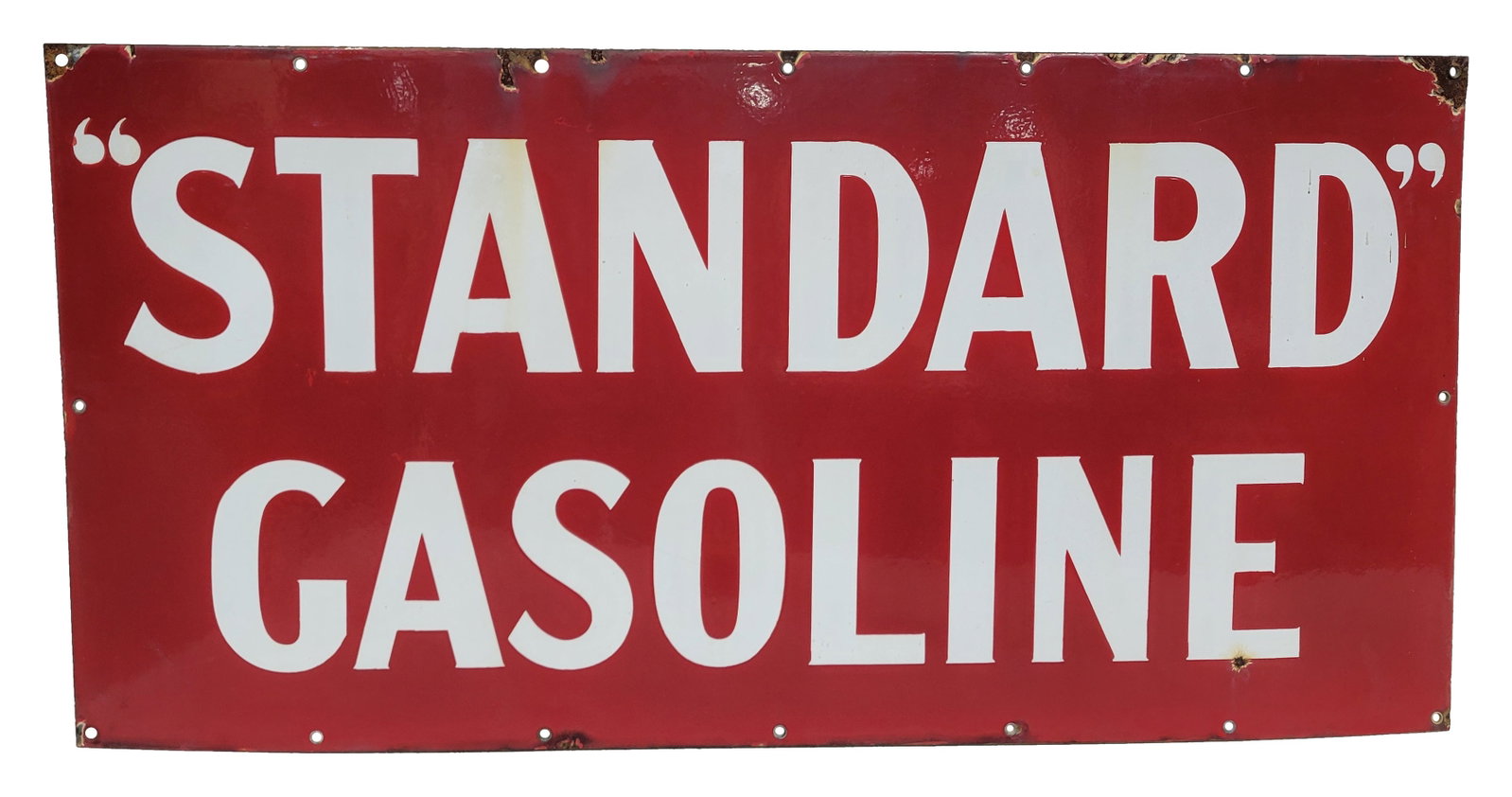 Standard Gasoline SSP Sign: 36" x 18" single sided porcelain sign exhibits very good color and shine, minor scuffs in the field, and a small chip below the letter "E". There is a light drip stain also on the upper letter "A". Th