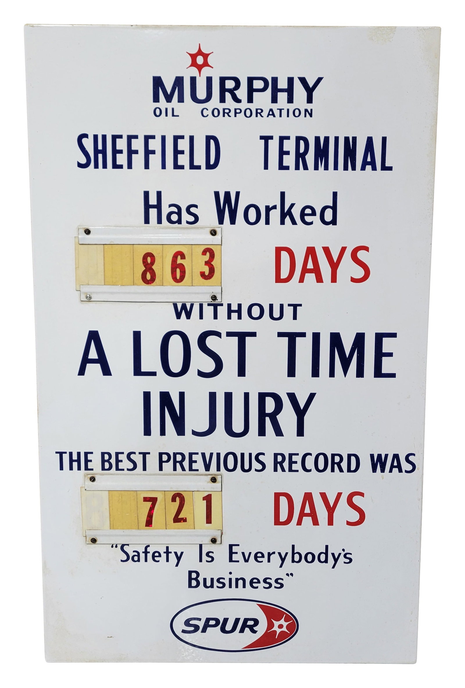 Spur Murphy Oil Corporation Sheffield Terminal Porcelain Sign: 24" x 40" x 2" single sided porcelain sign features rolled edges around the perimeter and is mounted to a metal frame. The sign displays good color and gloss with small brackets that hold reversible i