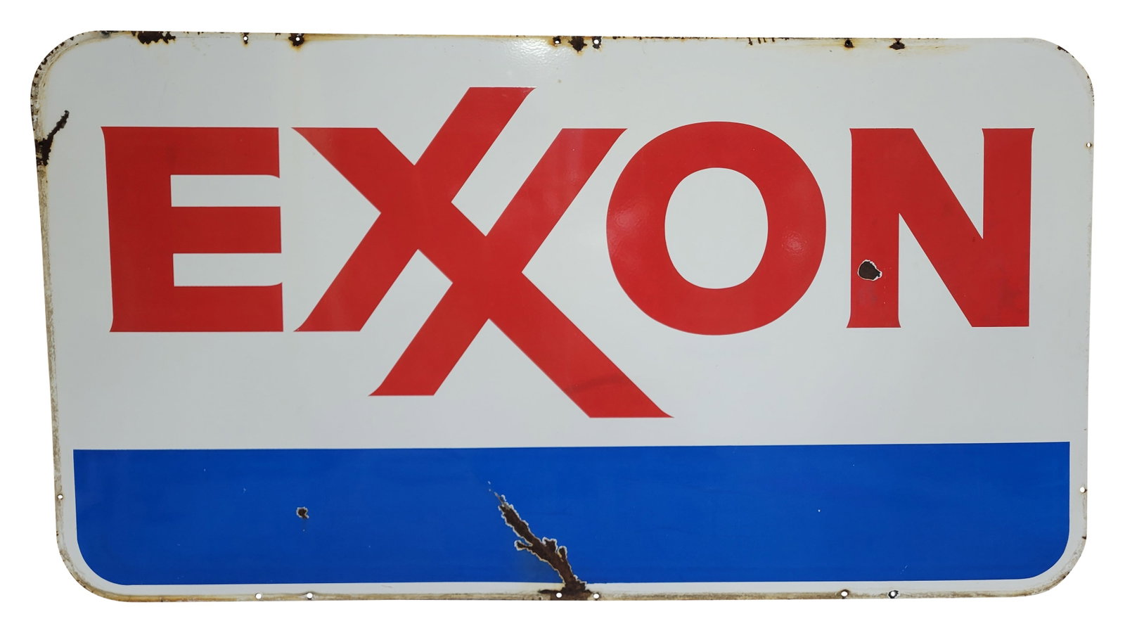 Exxon Double Sided Porcelain Dealer Sign: 83" x 45.5" DSP sign exhibits good color and gloss on each side. There is a chip in the field and a bend with porcelain loss at the bottom edge that are visible on each side. The perimeter displays we