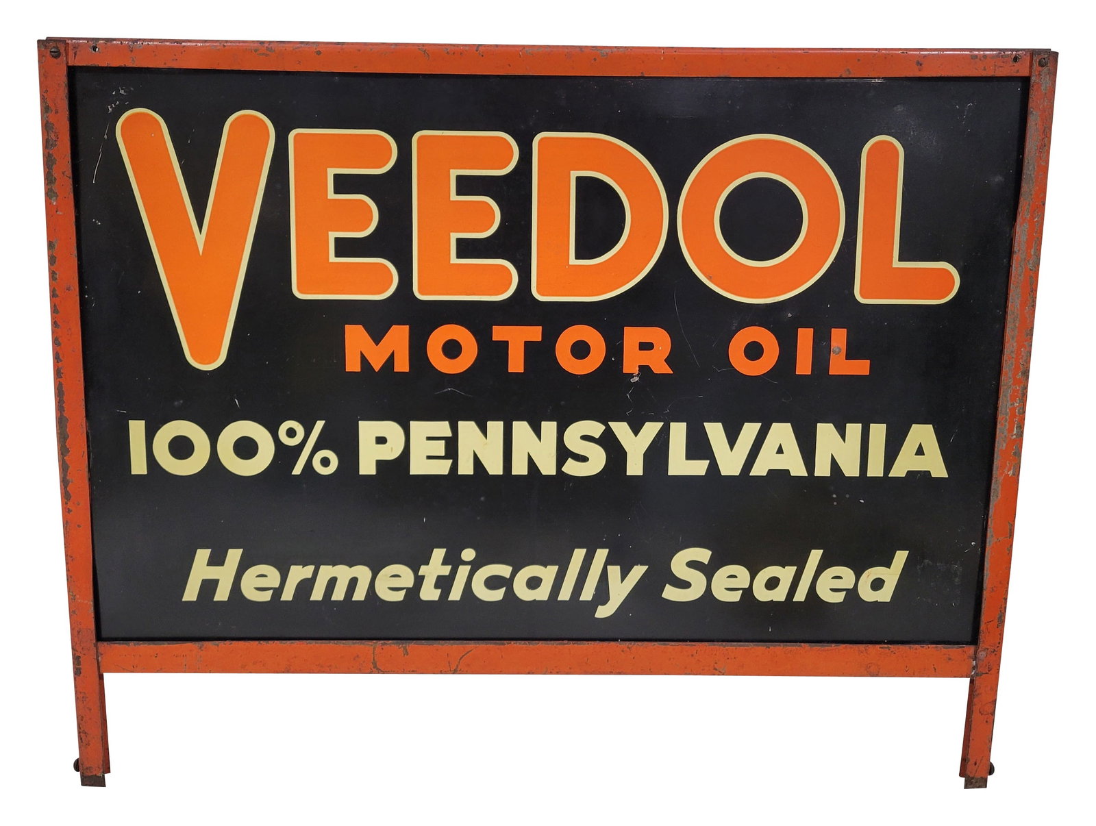 Veedol Motor Oil Hermetically Sealed DST Rack Topper Sign: 23" x 18" double-sided tin rack topper sign shows moderate wear on one side, featuring minor scuffs and scratches. The reverse side exhibits slightly more wear, including scratches, fading, and
