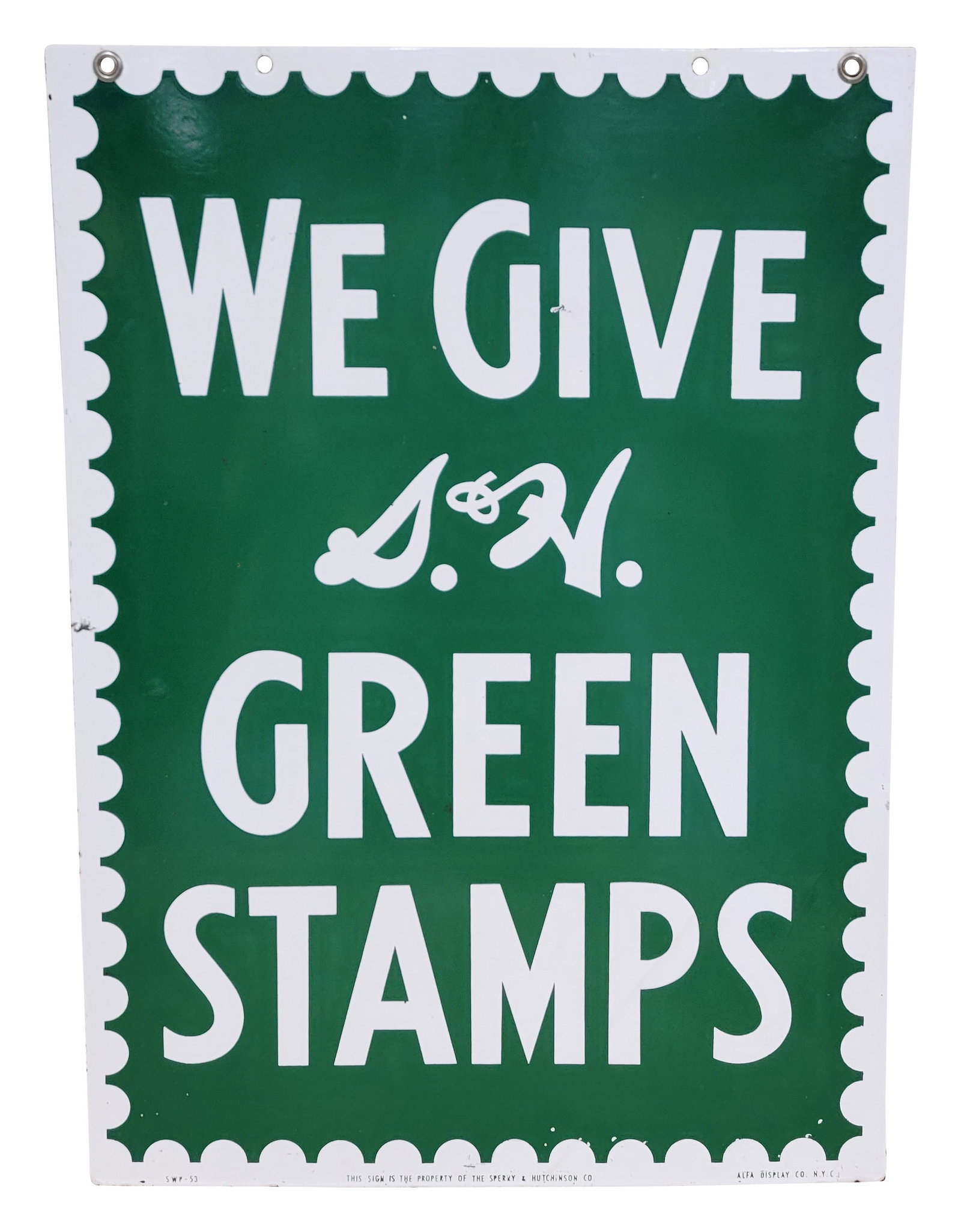 We Give S&H Green Stamps DSP Sign: 20" x 28" double sided porcelain sign displays very well. It exhibits excellent color and gloss throughout each side. There is a small ding on one side on the word "Give". The perimeter has minor