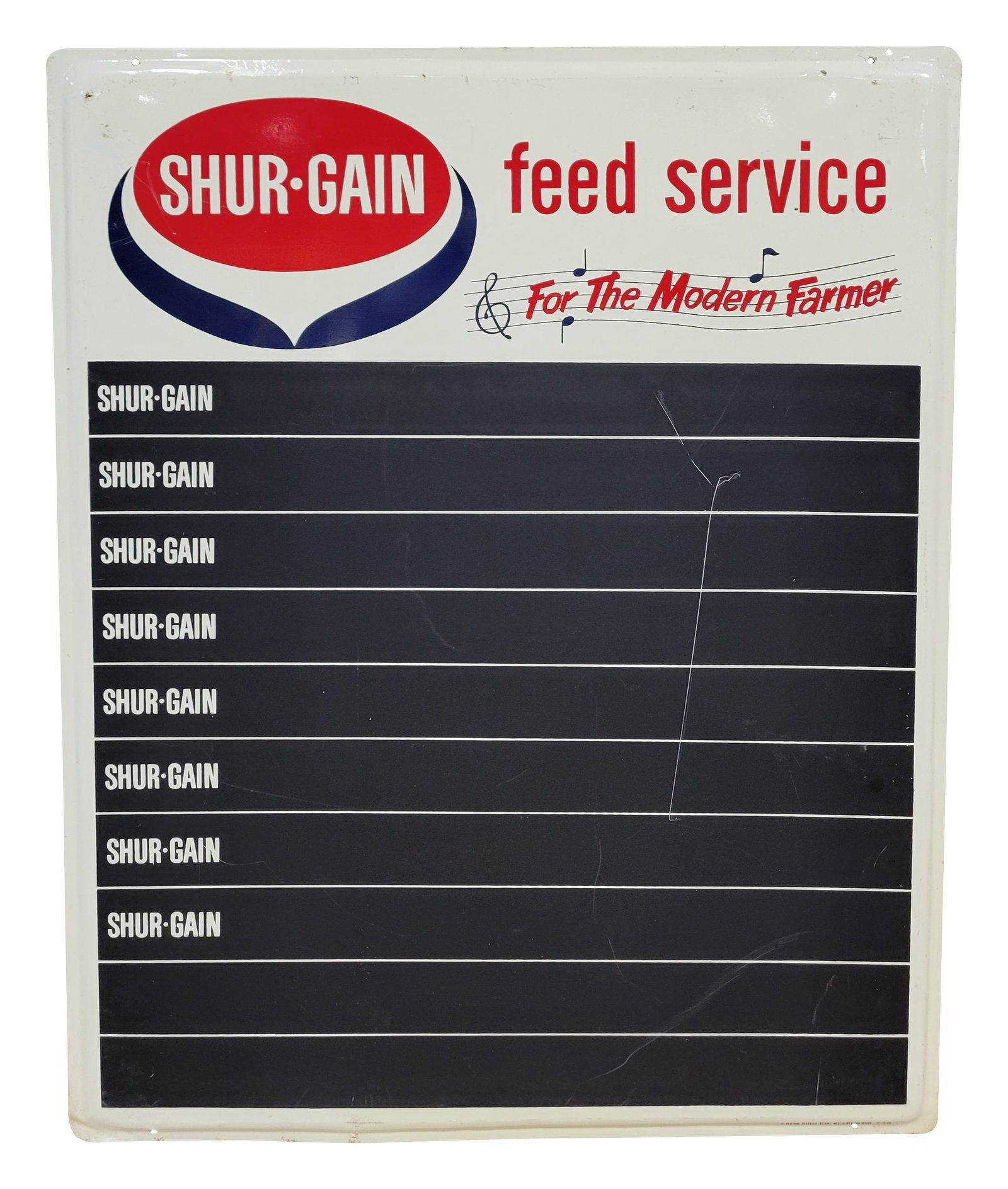 Shur Gain Feed Service For The Modern Farmer Chalkboard Sign: 24" x 30" single sided tin features a black chalkboard with brightly colored lettering at the top. There is a long vertical scratch on the chalkboard and the outer sign perimeter has light wear with