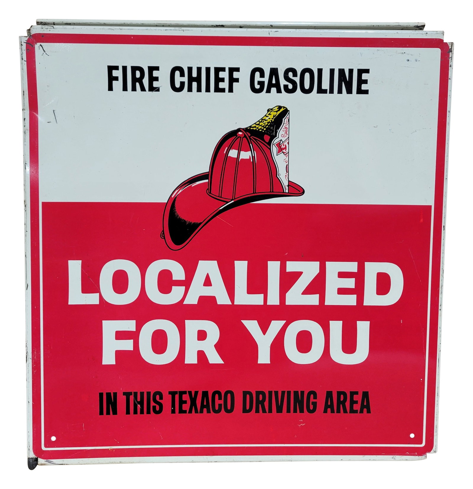Texaco Fire Chief Localized For You DST Pump Topper Sign: 15.5" x 16" x 7.5" double sided tin gas pump sign exhibits very good color and shine on each side. There is moderate wear throughout each side including small scratches, marks, and shallow bends.