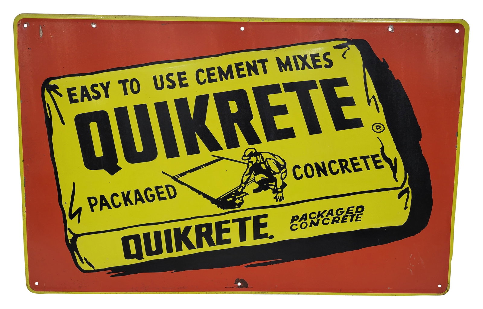Quikrete Embossed SST Sign: 28" x 18" embossed single sided tin sign exhibits fading with several scratches in the field. The perimeter has light wear with flaked paint and small minor bends. The lower mounting hole has flaked