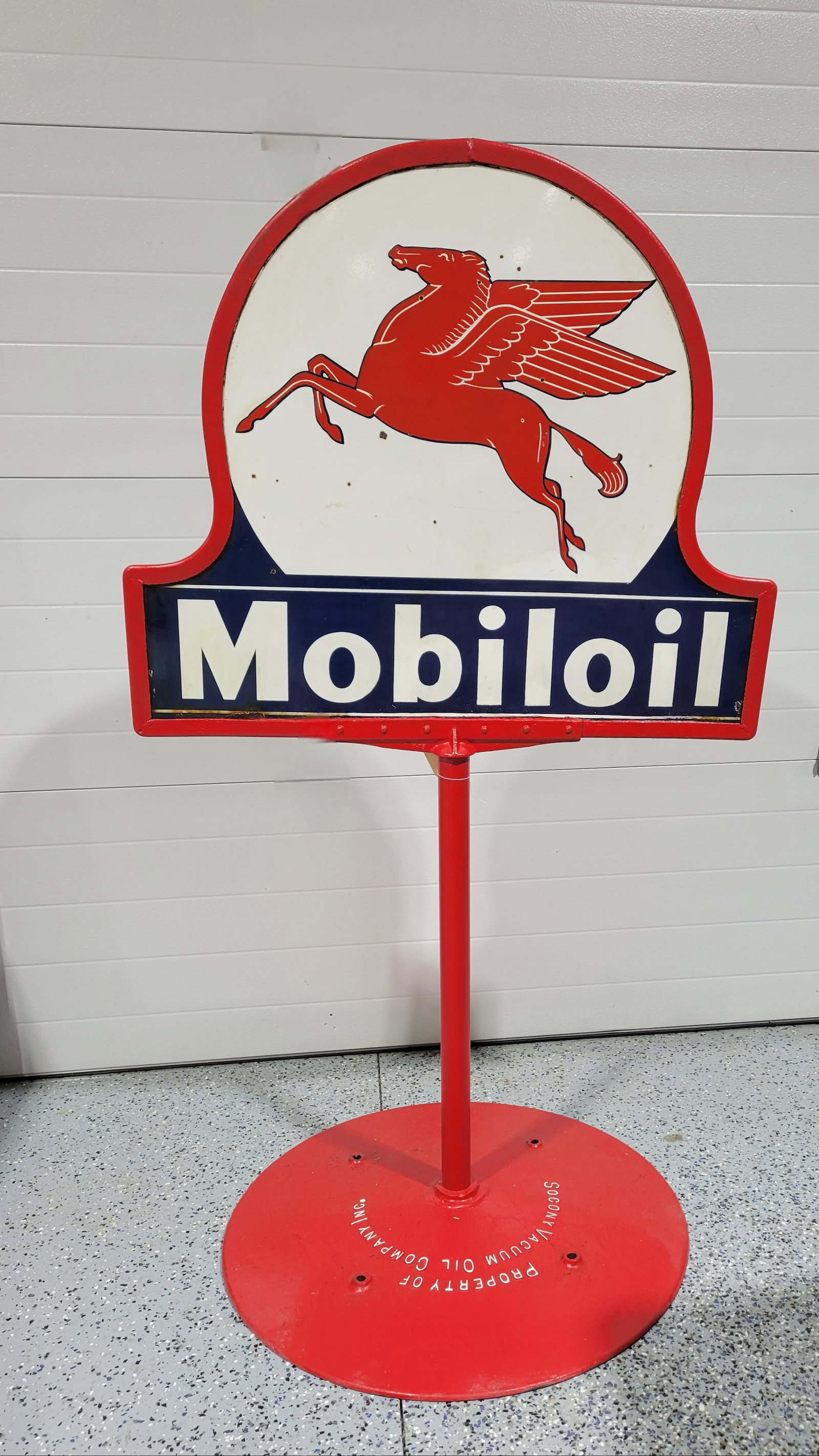 Mobiloil DSP Keyhole Curb Sign w/ Pegasus: 64" x 37" x 30", DSP die cut sign with the original frame and Socony Vacuum marked base has very good color and gloss. Both sides have areas of wear, repaint and an added clear coat to enhance the