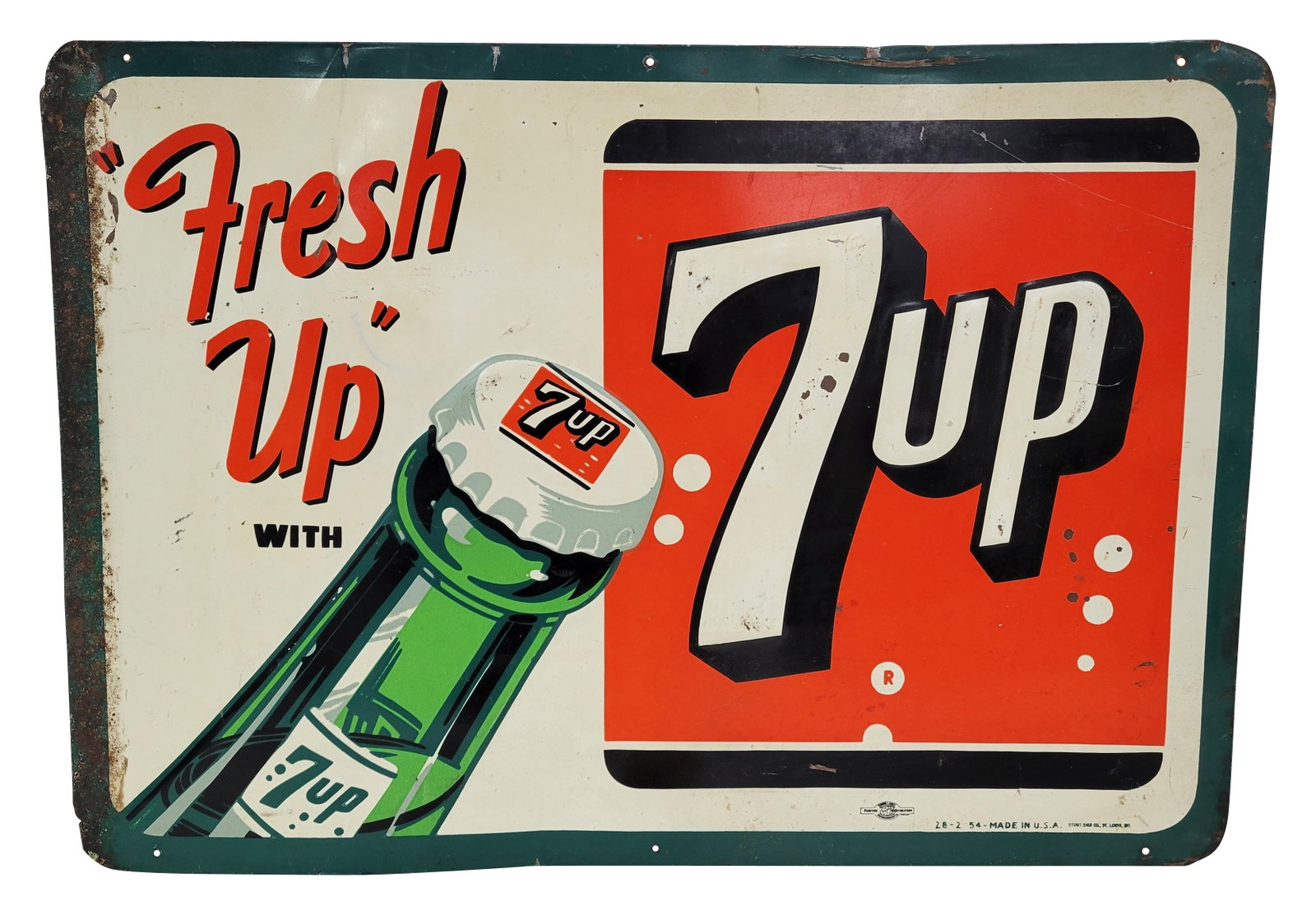 Fresh Up With 7Up Embossed SST Sign: 27" x 19" single sided tin sign features embossed letters and logo. It displays good color with moderate wear in the field with flaked paint, scratches, and a few shallow bends. The perimeter exhibits