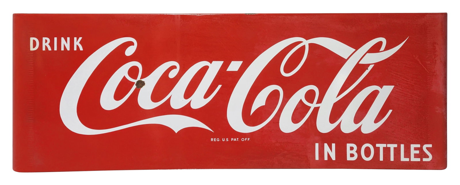 Drink Coca Cola In Bottles Porcelain Sled Sign: 67" x 24" SSP sled sign features the Coca Cola script logo. It displays good color with oxidation on the surface throughout most of the field. There is a chip on the letter "C" and a very small chip 